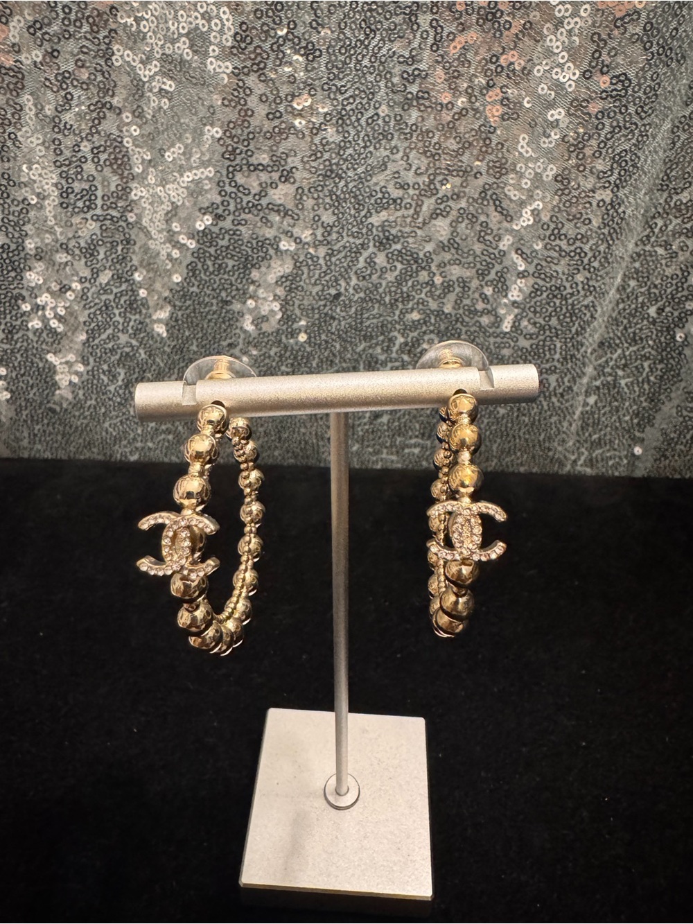 CHANEL Gold Beaded Hoop Earrings with Crystal CC Charm